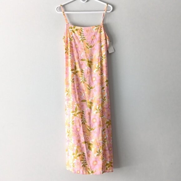 New Billabong Sundress Spaghetti Strap Bright Pink Floral Green Midi Medium - Picture 12 of 12